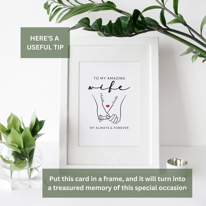 May include: A black and white printable art print with a hand-drawn illustration of two hands holding each other with a red heart in the center. The text "To my amazing wife" is at the top of the print, and the names "Michelle" and "Brenda" are written on the hands. The text "My always & forever" is at the bottom of the print.
