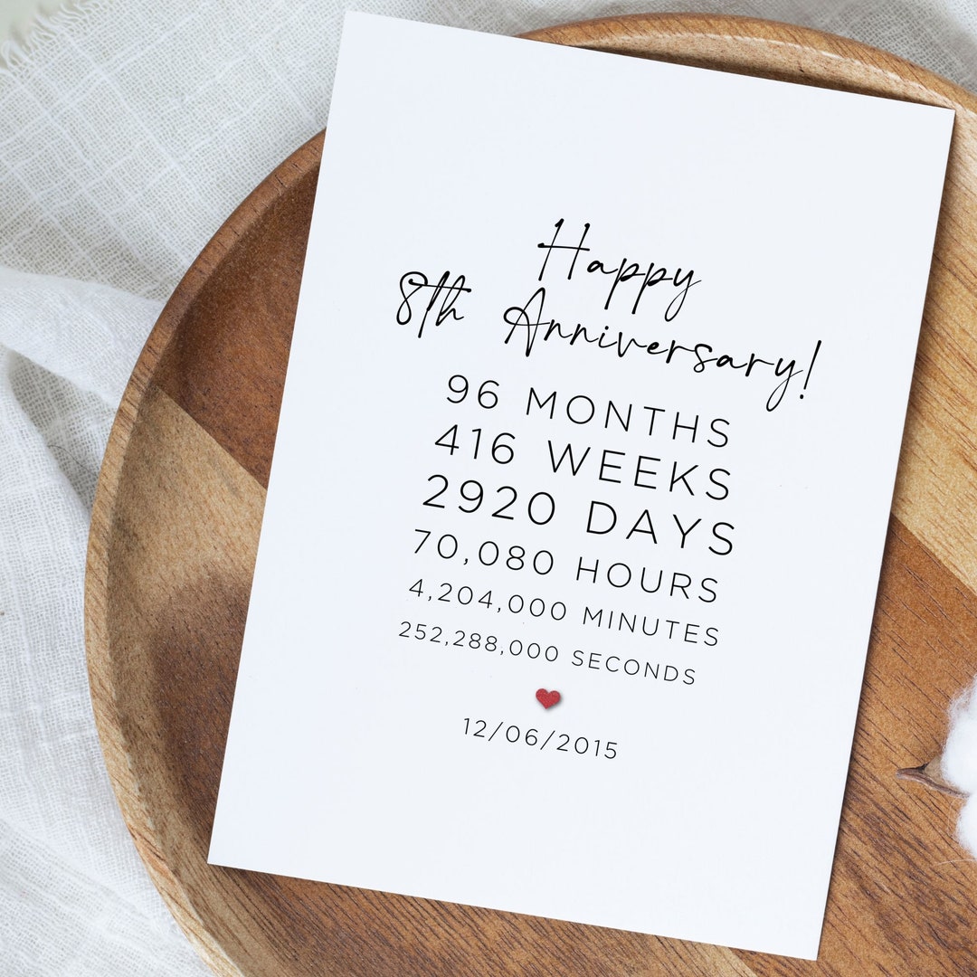 Happy 8th Anniversary Card, 8 Years Married Gift for Him, Custom Eighth Anniversary Card for