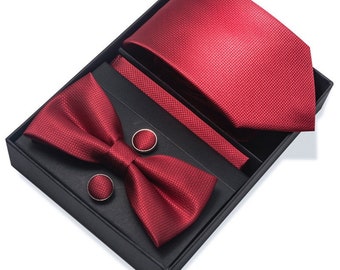 Solid Red Square Pattern Tie Set / Pocket Square, Bowtie, Tie Clip, Cufflinks / Gift for Him / Wedding Groomsmen Gift / Men's Present