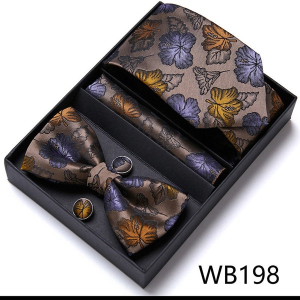 Brown Purple Gold Leaf Pattern Tie Set / Pocket Square, Nœud papillon, Clip de cravate, Boutons de manchette / Cadeau pour lui / Cadeau de mariés / Coffret cadeau pour hommes