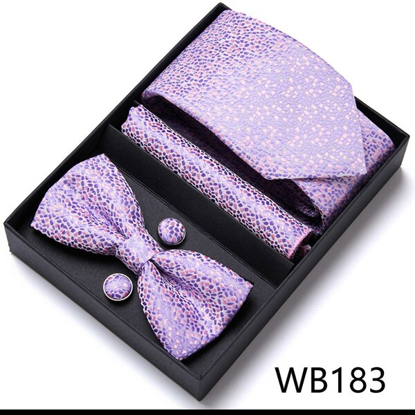 Lavender Pattern Tie Set / Pocket Square, Bowtie, Tie Clip, Cufflinks / Gift for Him / Wedding Groomsmen Gift / Men's Gift Box / Purple