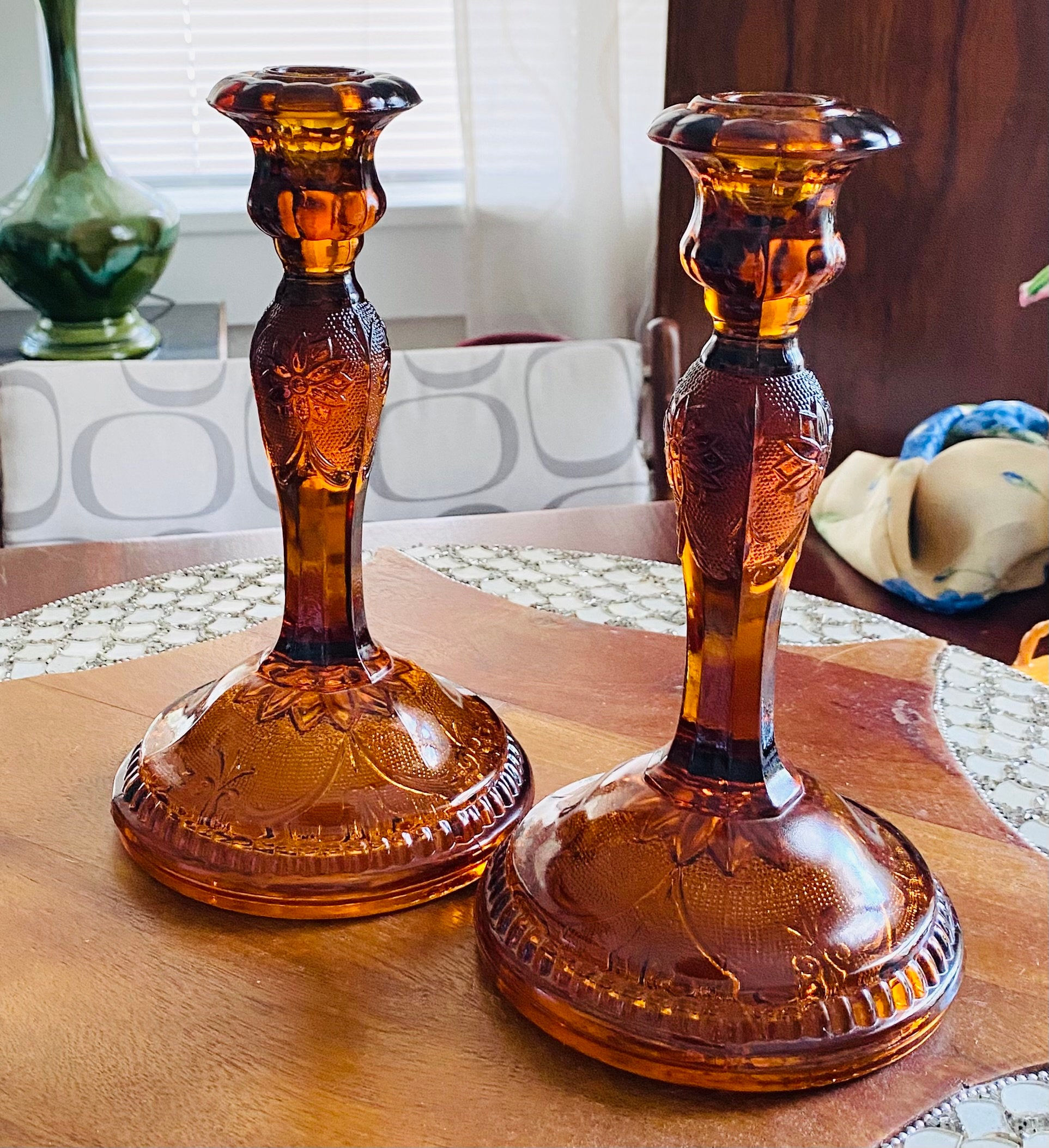Vintage Pair of Amber Glass Candlesticks (2) - Etsy