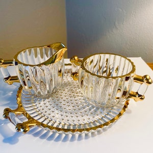 Jeannette Glass, Creamer, Sugar Bowl and Serving Tray Set, Gold Gilded