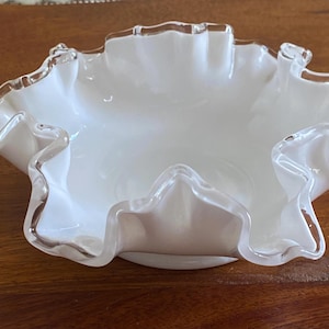Vintage Fenton Art Glass Silver Crest Milk Glass Bowl with Ruffled Edge