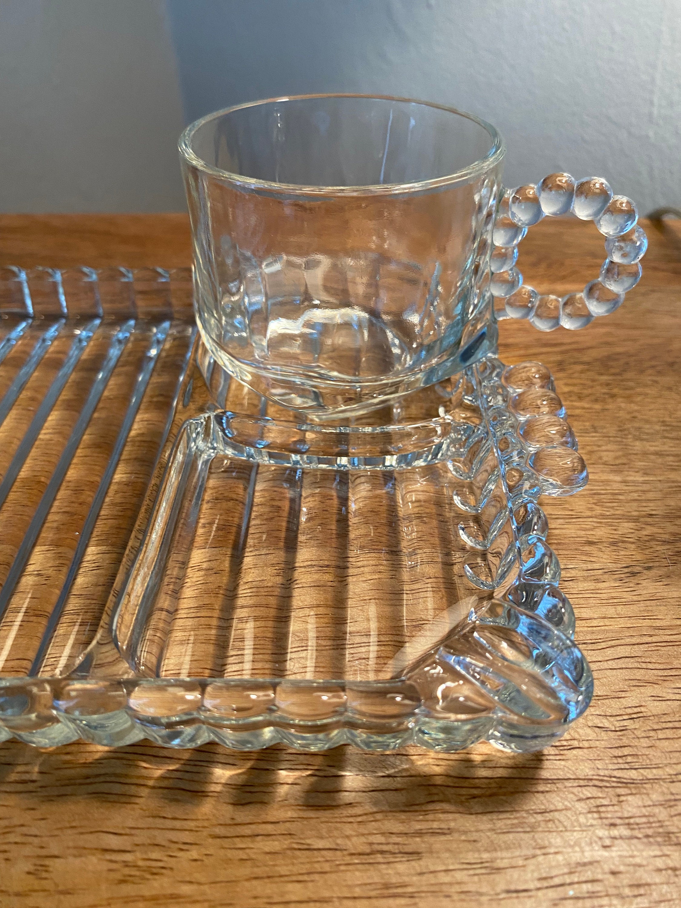 Hazel Atlas Clear Glass Sip Snack Smoke Tray & Cup Bead & Ribbed Design  #1305