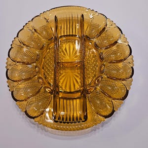 L.E. Smith Heritage pattern Amber Glass Deviled Egg Plate & Relish Tray