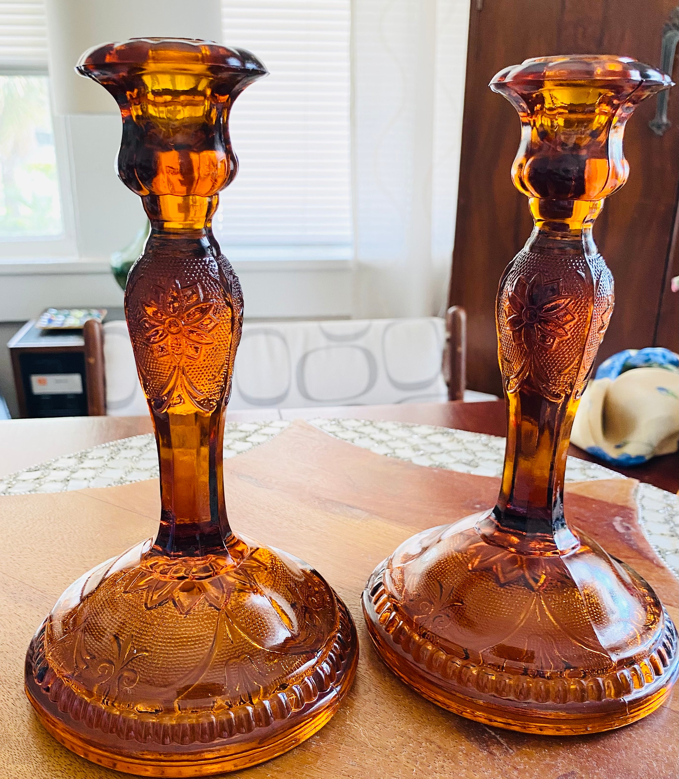 Vintage Pair of Amber Glass Candlesticks (2) - Etsy