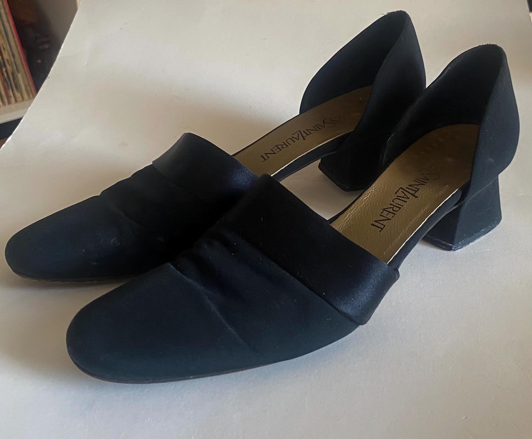 Vintage 1960s Yves Saint Laurent Black Satin D'orsay Block Heel