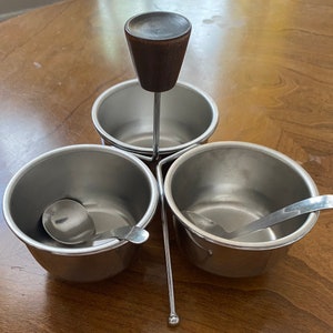 MCM Mid Century Modern Stainless Steel and Wood Condiment Server