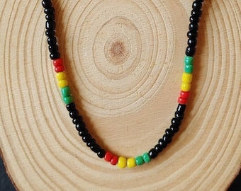 Rasta Necklace, Red Yellow Green & Black, Bob Marley Jewelry, Adjustable Cord Choker, Unisex Reggae Necklace, Handmade Gift for Her and Him