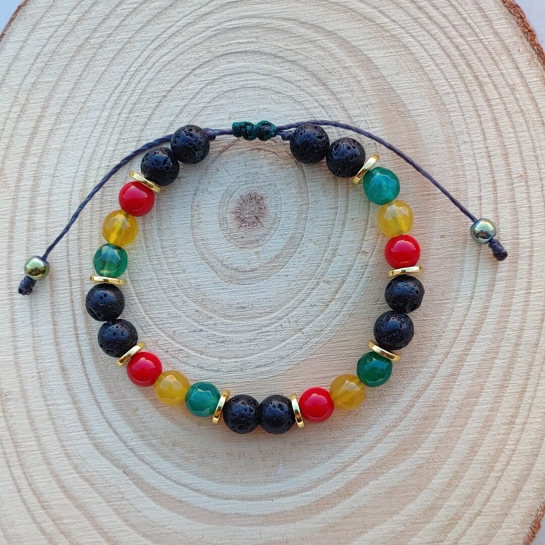 Rasta Beaded Bracelet, Adjustable String Reggae Jewelry, Red Yellow