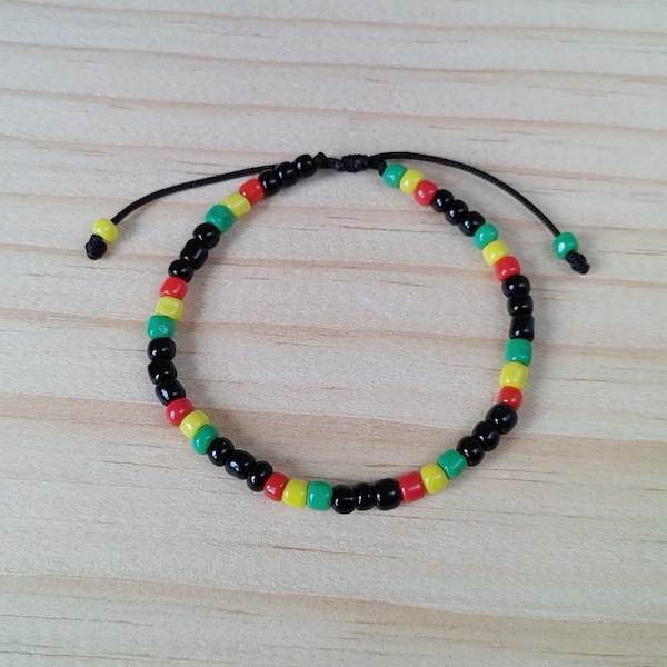 Rastafari Bracelet, Adjustable Jamaican Bob Marley Jewelry, Reggae Red Yellow Green Black, Unisex Hippie Gift, Handmade Gift for Her & Him