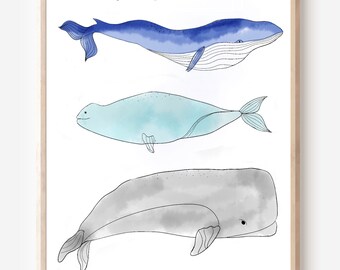 Whale Art, Water Color Whales Printable Art, Coastal Whale Print Digital Download, Beach Whale Art