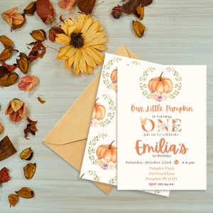 Pumpkin is turning One Birthday Invitation, First Birthday, Fall, Cute, Sweet