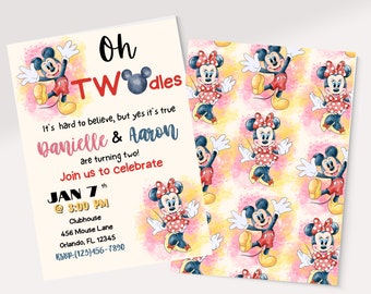 Invitación de cumpleaños para niño y niña de Oh Twodles: segundo cumpleaños, ratón, gemelos