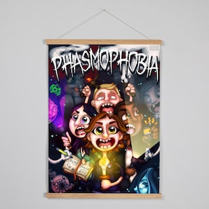 May include: A colourful illustration of a group of people playing the video game Phasmophobia. The characters are cartoonish and have exaggerated features. The background is dark and includes spooky elements like a pentagram and a ghost.