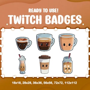 Twitch sub bit coffee badges and emotes // Cute kawaii coffee badges emoji for streamers