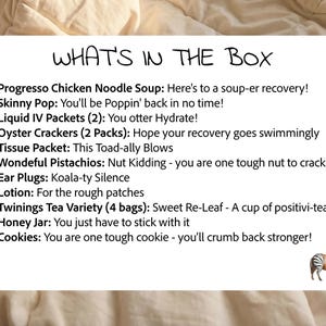 "What's in the Box" infographic listing the full menu of snacks included in the foot surgery care package, detailing the specific funny phrase associated with each item like tea, honey, and soup.