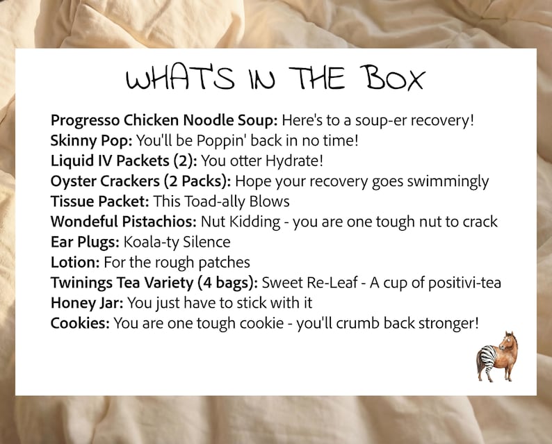 "What's in the Box" infographic listing the full menu of snacks included in the foot surgery care package, detailing the specific funny phrase associated with each item like tea, honey, and soup.