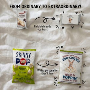 Before-and-after view of cookies and popcorn with “One Tough Cookie” and “Speedy Roo-covery” labels.