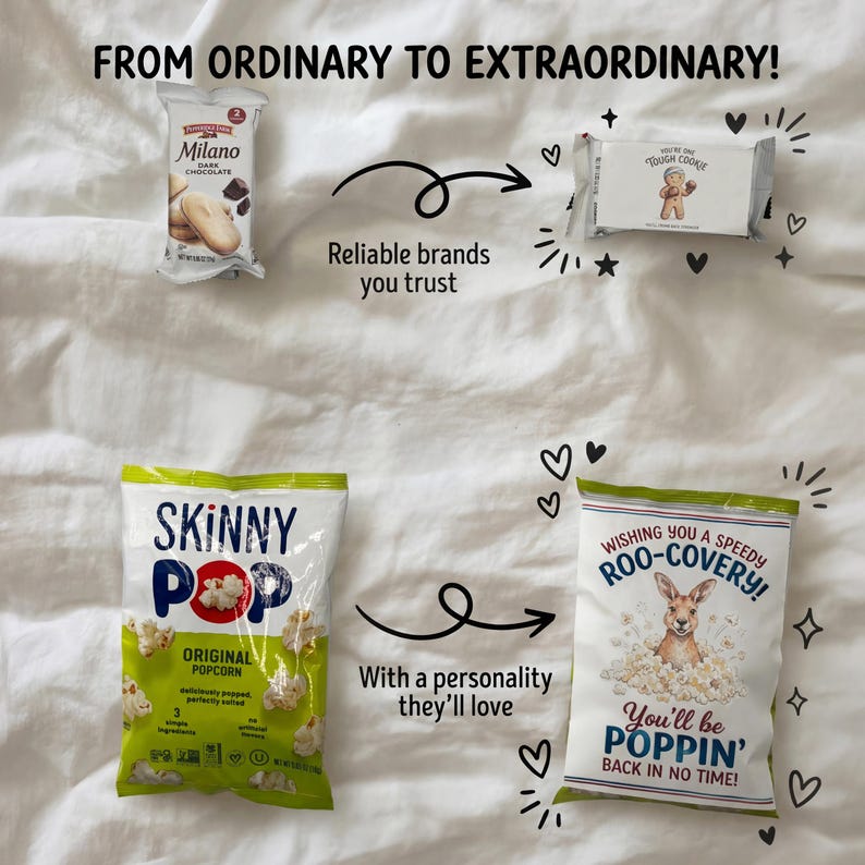 Before-and-after view of cookies and popcorn with “One Tough Cookie” and “Speedy Roo-covery” labels.
