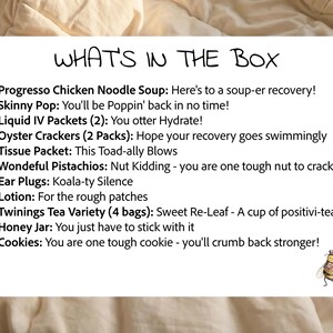 Knee replacement care package contents list with the included snacks, comfort items, and recovery puns.