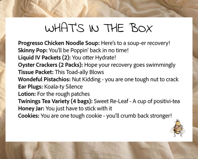 Knee replacement care package contents list with the included snacks, comfort items, and recovery puns.