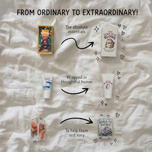 Before-and-after view of pocket tissues, lotion, and ear plugs with humorous get-well labels for surgery recovery.