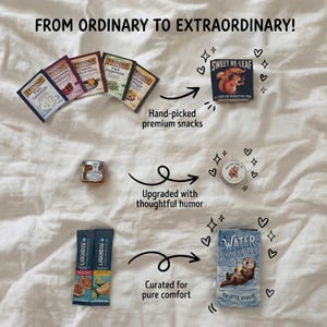 Before-and-after view of tea, honey, and electrolyte drink packets with custom illustrated recovery puns.