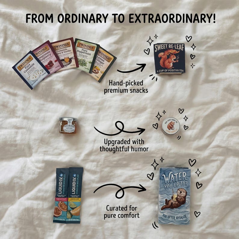 Before-and-after view of tea, honey, and electrolyte drink packets with custom illustrated recovery puns.
