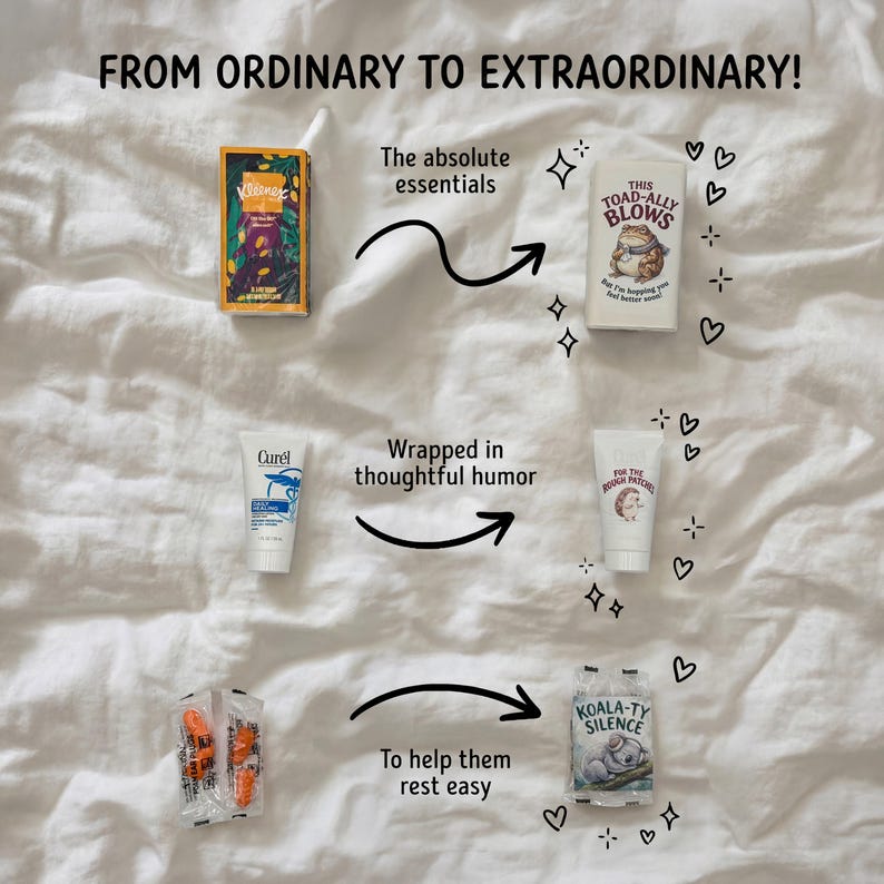 Comparison showing standard toiletries transformed into humorous recovery gifts. Tissues, lotion, and earplugs are labeled with puns like "This Toad-ally Blows," "For the Rough Patches," and "Koala-ty Silence."
