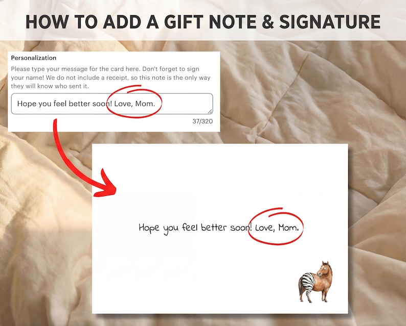 Instructional graphic showing how to add a personalized gift message at checkout. Arrows point to the "Gift Message" text box and show how it appears printed on the included "Hip Hip Hooray" card.