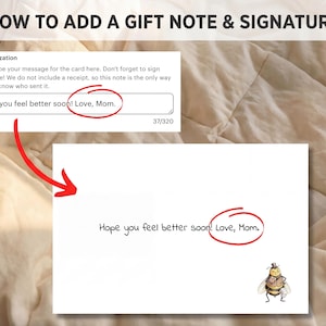 Instructions for adding a personalized card message and sender name during Etsy checkout.