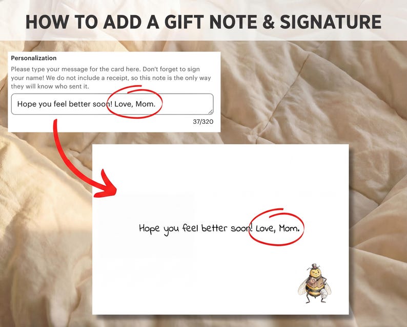 Instructions for adding a personalized card message and sender name during Etsy checkout.