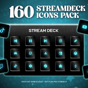 以下が含まれることがあります： ストリーミング用の160個のアイコンがついた黒いStream Deck。アイコンは5行4列のグリッドに配置されています。アイコンは青と白で、ソーシャルメディア、ゲーム、音楽のアイコンが含まれています。