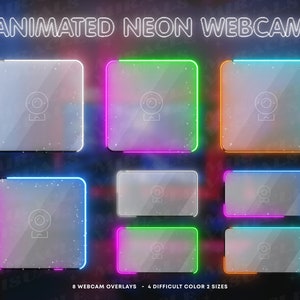 Puede incluir: Ocho superposiciones de cámara web animadas con bordes de neón en cuatro colores diferentes: rosa, verde, azul y naranja. Las superposiciones están en dos tamaños y presentan un icono de cámara web en el centro.