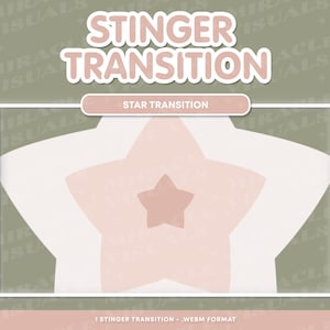 May include: A pink star with a smaller pink star inside, on a green background. The text "STINGER TRANSITION" is at the top of the image, and "STAR TRANSITION" is in a white box at the top of the star. The text "1 STINGER TRANSITION - WEBM FORMAT" is at the bottom of the image.