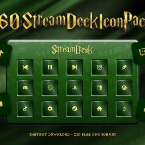 May include: A green and gold Stream Deck icon pack with 160 icons. The icons include social media platforms, gaming consoles, and other popular streaming tools. The text "160 Stream Deck Icon Pack" is at the top of the image. The text "Stream Desk" is in the center of the image. The text "INSTANT DOWNLOAD - ZIP FILES PNG FORMAT" is at the bottom of the image.