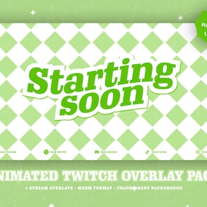 3 Animated AnimeStyle Pastel Green Twitch overlays/ Pastel / Screens For Twitch / Starting Soon / BeRightBack / Currently Offline/