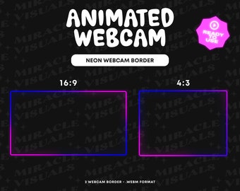 Könnte beinhalten: Grafik für einen animierten Webcam-Rahmen mit Neon-Design. Der Text "ANIMATED WEBCAM" ist in Weiß, darunter "NEON WEBCAM BORDER". Zwei rechteckige Rahmen sind blau und rosa umrandet, mit den Seitenverhältnissen 16:9 und 4:3.
