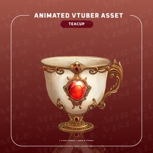 May include: A white teacup with gold trim and a red gemstone. The teacup has a handle and a base with intricate details.