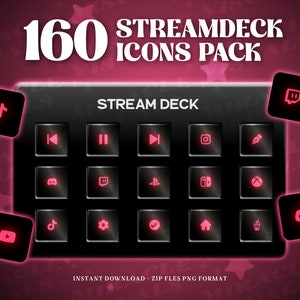 May include: A black Stream Deck with 160 icons pack. The Stream Deck has 15 buttons with pink icons. The icons include a play button, a pause button, a rewind button, a forward button, a Twitch icon, a Discord icon, a YouTube icon, a TikTok icon, a camera icon, a microphone icon, a gear icon, a home icon, a cup icon, a Nintendo Switch icon, a PlayStation icon, and an Xbox icon. The text "STREAM DECK" is displayed on the top of the Stream Deck.
