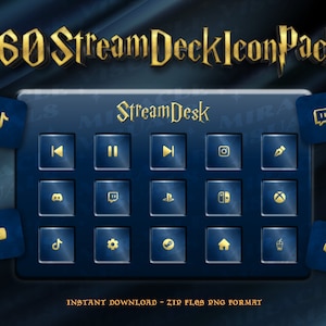 May include: A blue and gold Stream Deck icon pack with 160 icons. The icons include social media platforms, gaming consoles, and other popular apps. The text "160 Stream Deck Icon Pack" is displayed at the top of the image. The text "Instant Download - ZIP files PNG format" is displayed at the bottom of the image.
