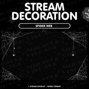 May include: A black and white web overlay featuring a spider web design. The overlay is for use on a streaming platform and is in webm format. The text "Spider Web" is visible at the top of the overlay.