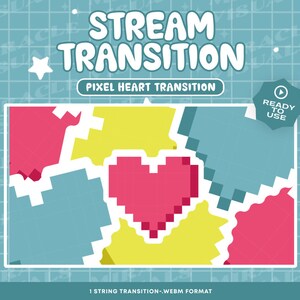 May include: A pixel heart transition animation for video editing. The animation is made up of a heart shape made of pink pixels, surrounded by yellow, blue, and pink shapes. The text "STREAM TRANSITION" and "PIXEL HEART TRANSITION" is at the top of the image. The text "READY TO USE" is in a circle with a play button icon.