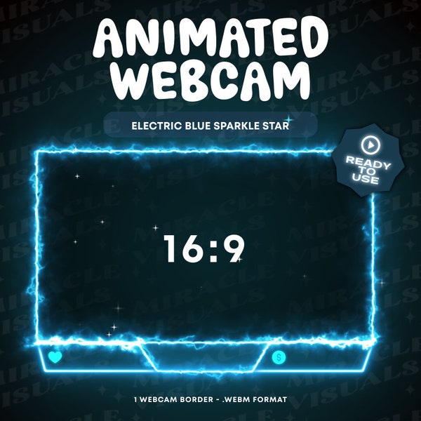 Animated Electric Blue Sparkle Star Webcam Overlay /16:9/ Neon / Sparkle /Twitch Stream Border / Webcam Frame  / Overlay / Add-on Stream /