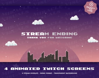 4 Animated 8 bit  /nightscape / Screens For Twitch / Be Right Back /  Starting Soon /  Currently Offline /