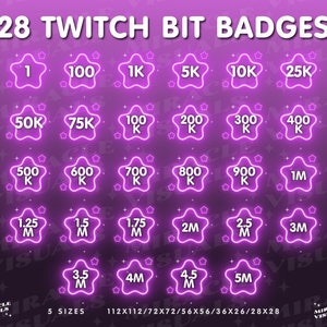 May include: 28 neon pink star-shaped Twitch bit badges with white outlines. The badges display different bit amounts, ranging from 1 to 5 million. The text "28 Twitch Bit Badges" appears at the top of the image. The text "5 Sizes" and "112X112/72X72/56X56/36X26/28X28" appears at the bottom of the image.