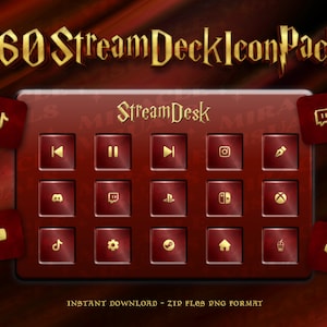 以下が含まれることがあります： 160個のアイコンを含む、赤と金のStream Deckアイコンパック。アイコンには、ソーシャルメディアプラットフォーム、音楽コントロール、ゲームコンソールなどがあります。画像には、「160 Stream Deck Icon Pack」と「Stream Desk」のテキストが表示されています。