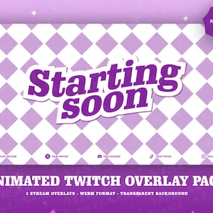 3 Animated AnimeStyle Purple Twitch overlays/ Pastel  / Screens For Twitch / Starting Soon / BeRightBack / Currently Offline/